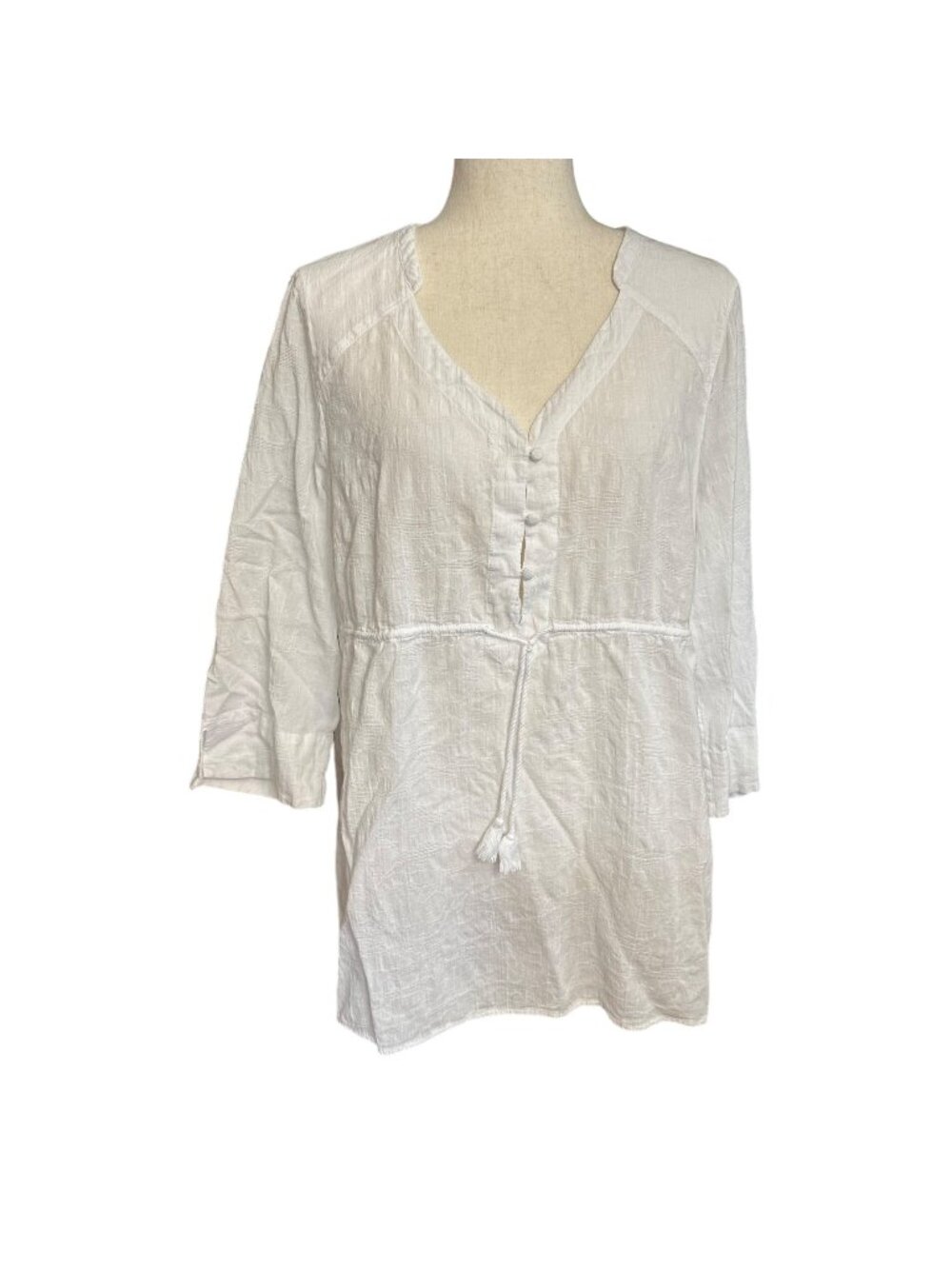 Eddie Bauer Shirt Women XL White V Neck Tie Waist 3/4 Sleeve Textured Light
